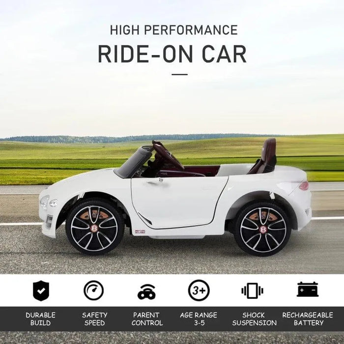 White Bentley kids electric ride-on car with dual motors, on road, green field background