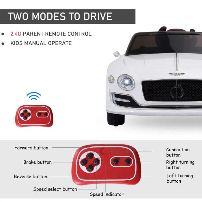 White 12V Bentley kids electric ride-on car with remote control and labeled driving modes.