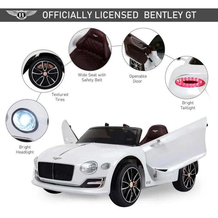 White Bentley GT kids electric ride-on car with openable door, textured tires, headlights, taillights, and safety seat.