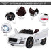 White Bentley GT kids electric ride-on car with openable door, textured tires, headlights, taillights, and safety seat.