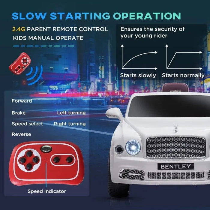 White Bentley Mulsanne kids ride on car with remote, lights, and slow start feature in city.
