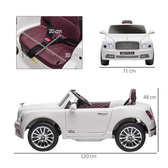 12V licensed Bentley Mulsanne white kids ride-on car with seatbelt and size measurements