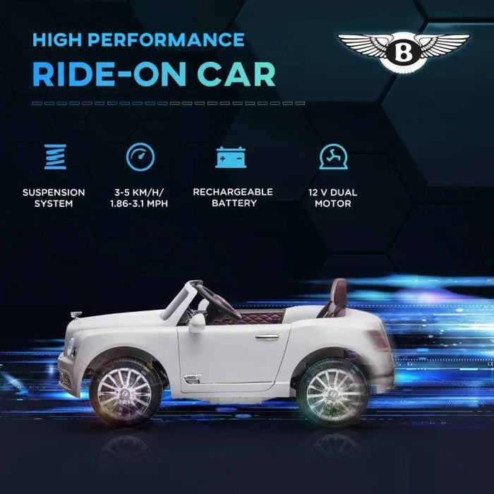 White Bentley Mulsanne kids ride-on car with lights, remote control, and performance features.