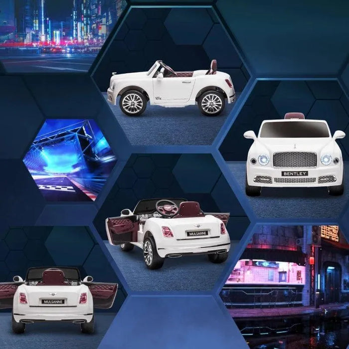 White 12V Bentley Mulsanne kids ride-on car with open doors, remote control, and city backdrop