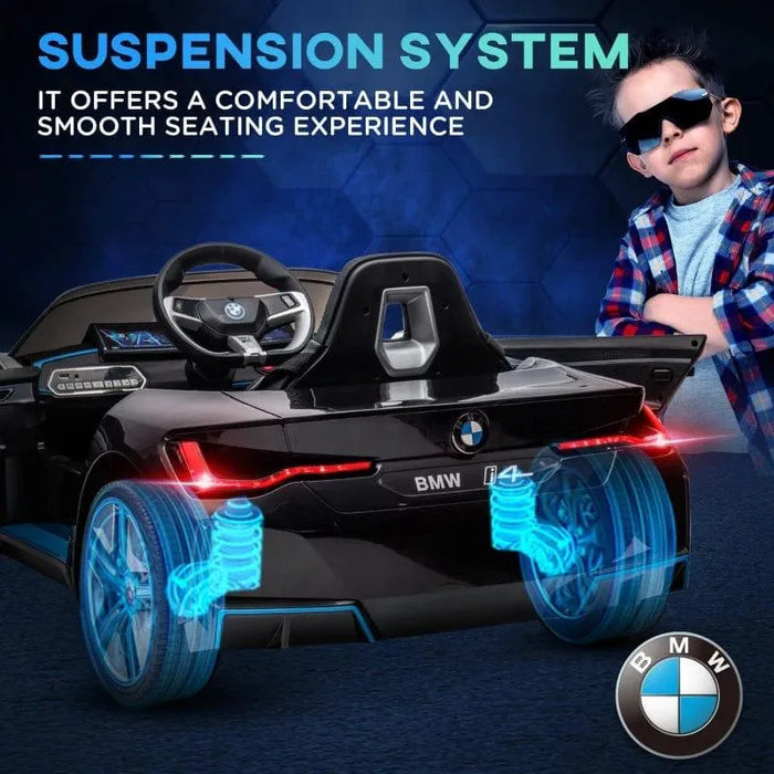 Black BMW i4 kids electric ride-on car with suspension system, child wearing sunglasses
