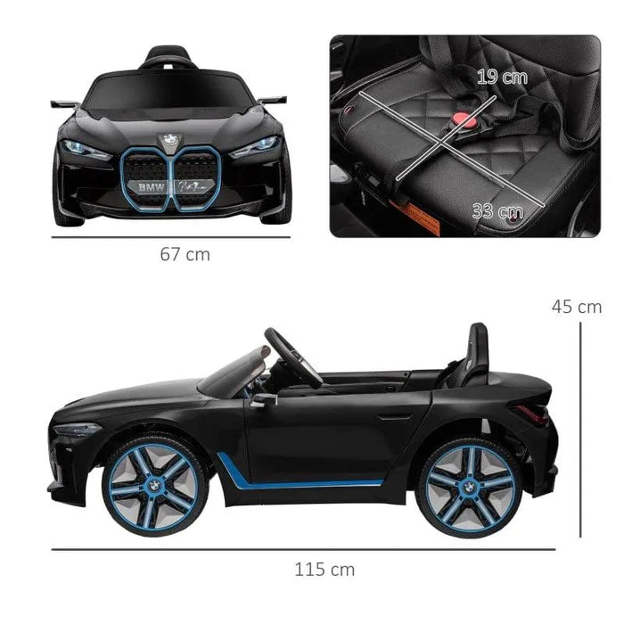 12V black BMW i4 kids electric ride-on car with seat and car dimensions shown