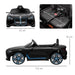 12V black BMW i4 kids electric ride-on car with seat and car dimensions shown