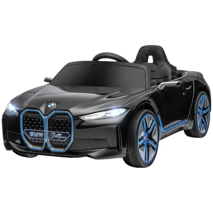 Black BMW i4 kids electric ride-on car with blue accents and realistic details