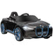 12V black BMW i4 kids electric ride-on car with blue trim and realistic detailing