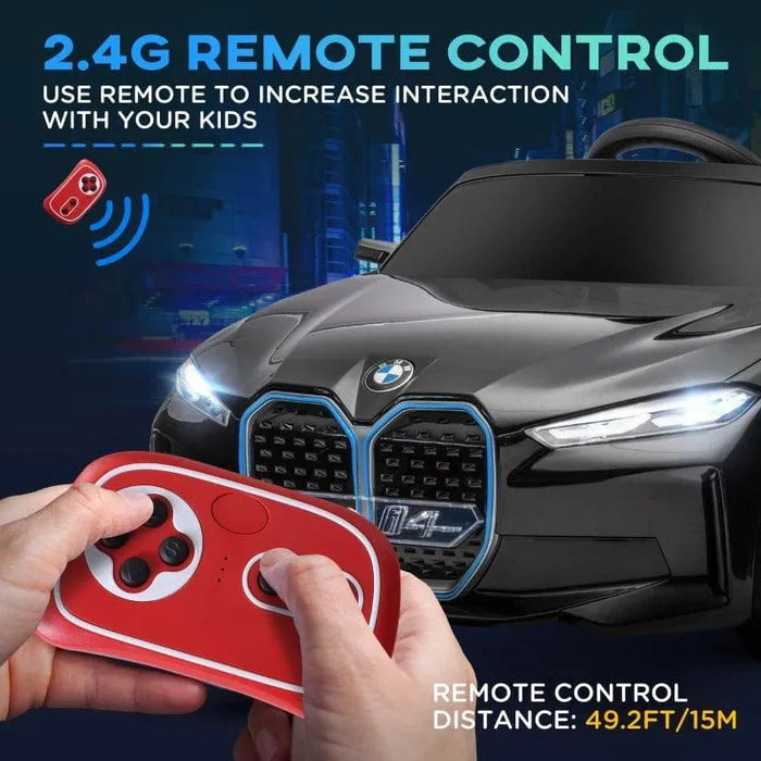 Black BMW i4 kids electric ride-on car with remote control, night city background