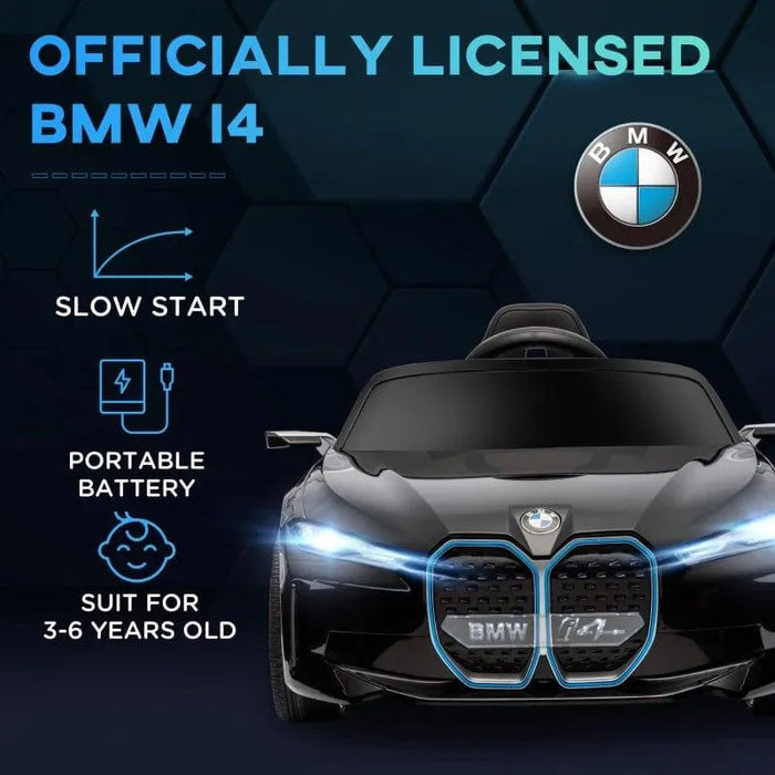 Black BMW i4 kids electric ride-on car with headlights on, suitable for ages 3-6.