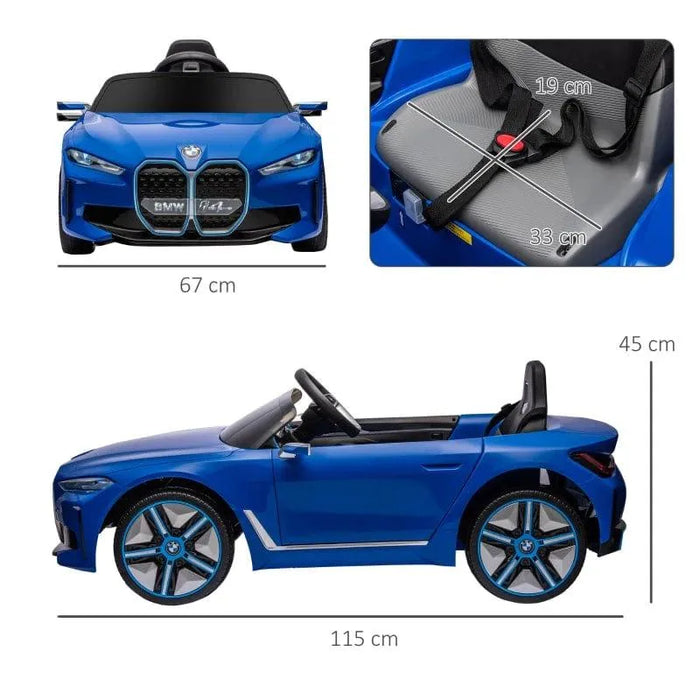 Blue 12V licensed BMW i4 kids ride-on car, remote control, seatbelt, and size dimensions