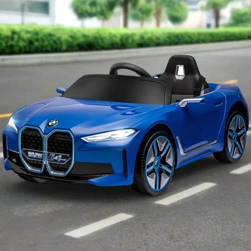 Blue 12V BMW i4 kids ride on car with remote, music, lights, driving on street