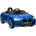 Blue 12V BMW i4 kids ride-on car with remote control, lights, and sporty design
