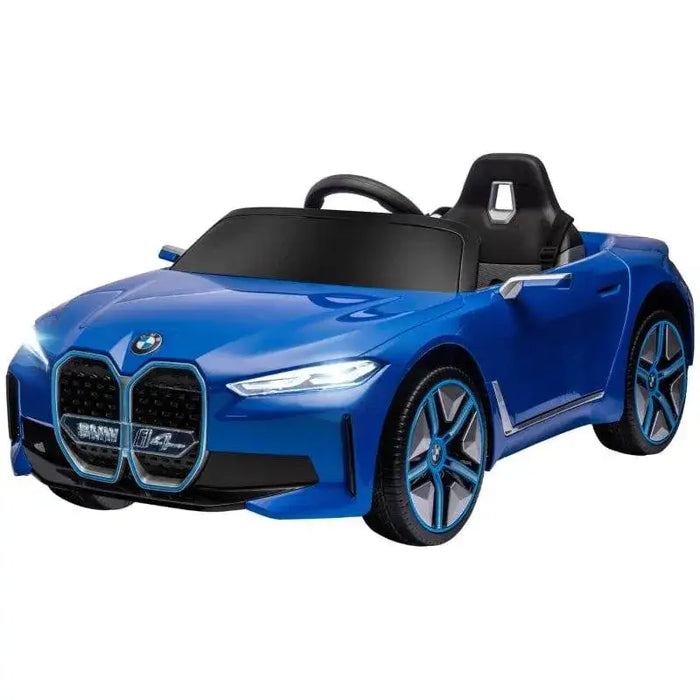 Blue 12V BMW i4 kids ride on car with remote control, lights, and music