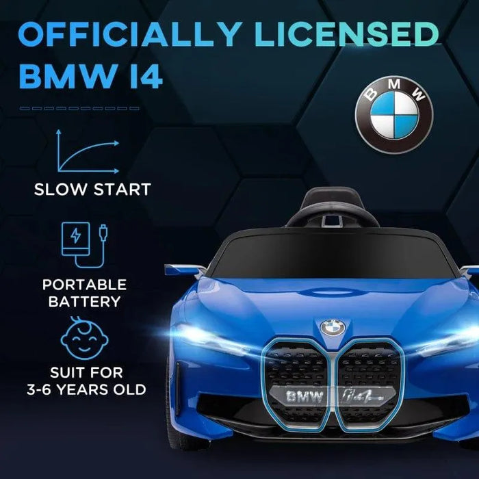 Blue 12V licensed BMW i4 kids ride on car with slow start, for ages 3-6, front view
