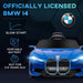 Blue 12V licensed BMW i4 kids ride on car with slow start, for ages 3-6, front view