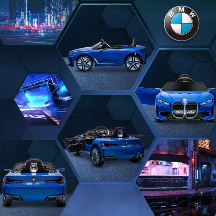 12V blue BMW i4 kids ride-on car with open doors, remote control, city background, BMW logo.