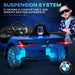 Blue 12V BMW i4 kids ride-on car with suspension system, dashboard, and a boy wearing sunglasses.
