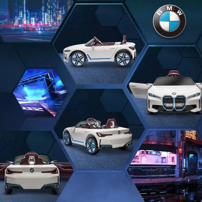 White 12V BMW i4 kids ride on car with blue wheels, open doors, and BMW logo, shown from multiple angles