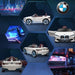 White 12V BMW i4 kids ride on car with blue wheels, open doors, and BMW logo, shown from multiple angles