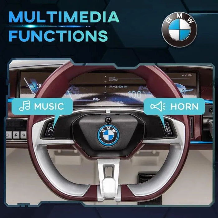 BMW i4 kids ride-on car steering wheel with music and horn multimedia functions shown