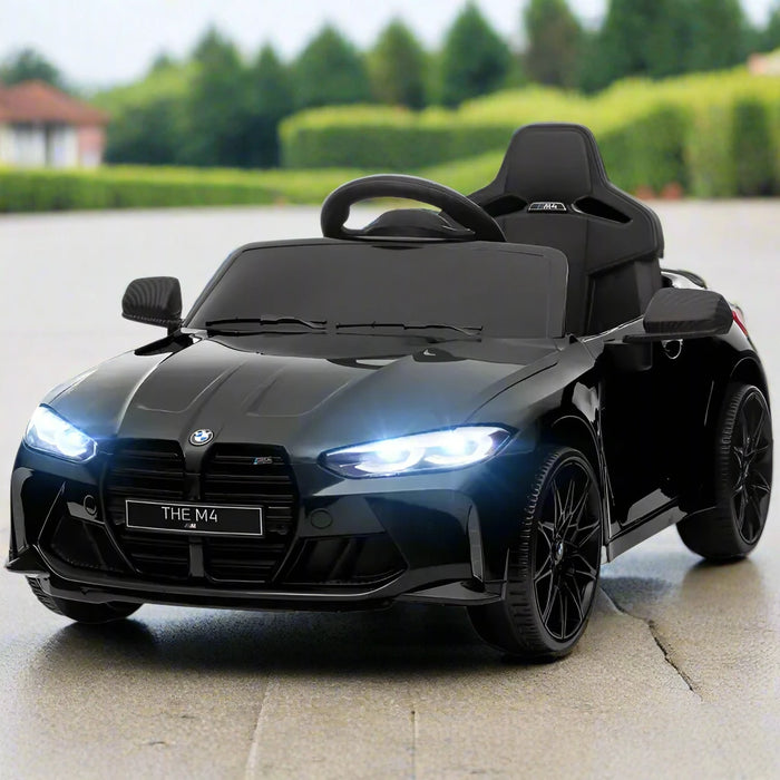 Kids Licensed BMW M4 with Easy Transport, Remote Control, Suspensions, Music, Horn and LED Lights 12V in Black - Little and Giant Explorers AIYAPLAY