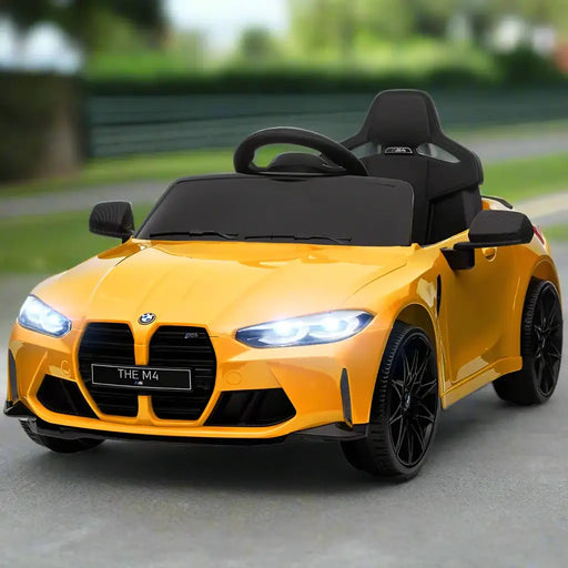 Kids Licensed BMW M4 with Easy Transport, Remote Control, Suspensions, Music, Horn and LED Lights in Yellow 12V - Little and Giant Explorers AIYAPLAY