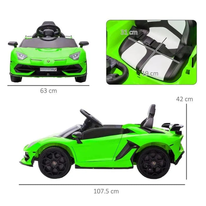 Green 12V Lamborghini Aventador kids ride-on car with butterfly doors, shown with dimensions.