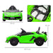 Green 12V Lamborghini Aventador kids ride-on car with butterfly doors, shown with dimensions.