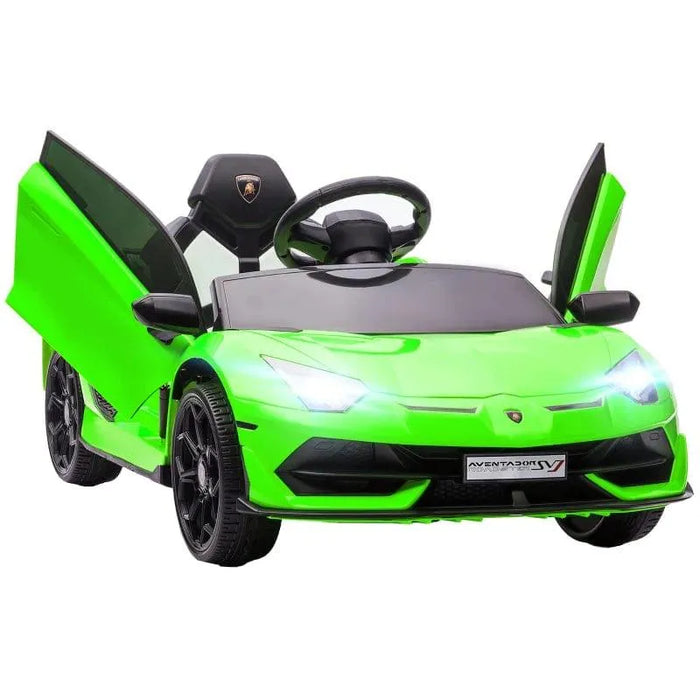 Green 12V Lamborghini Aventador kids ride-on car with open butterfly doors, front view