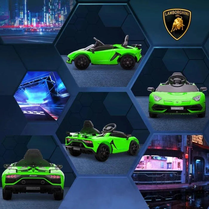 Green 12V Lamborghini Aventador kids ride-on car with butterfly doors, cityscape background
