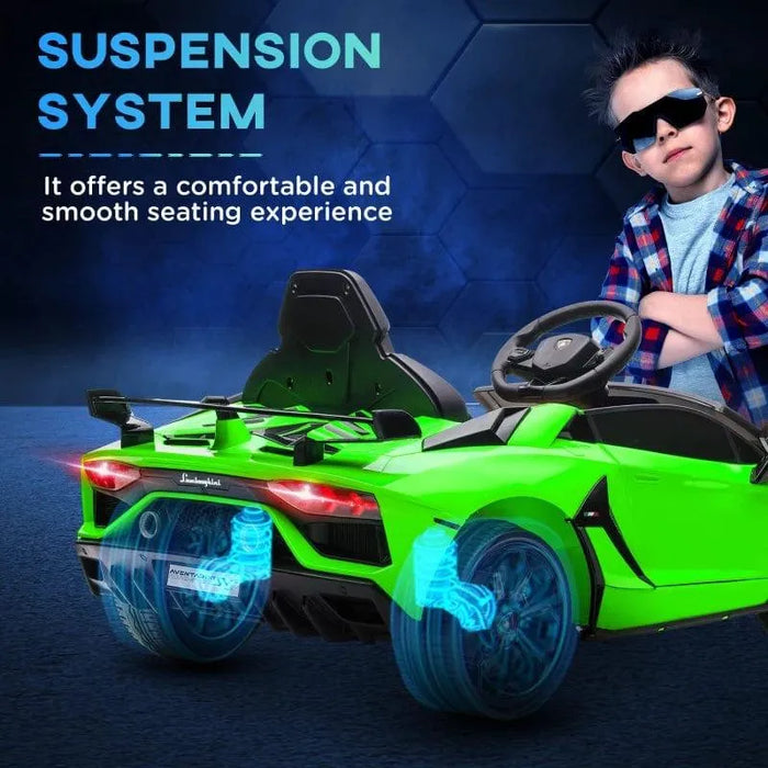 Green 12V Lamborghini Aventador kids ride-on car with butterfly doors and a child in sunglasses