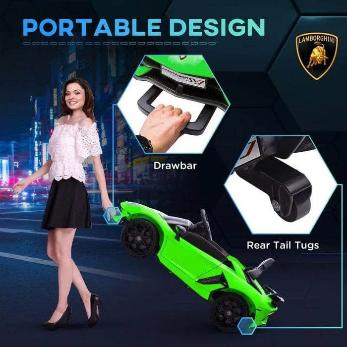 Woman pulling green 12V Lamborghini Aventador kids ride-on car with drawbar and rear tail tugs
