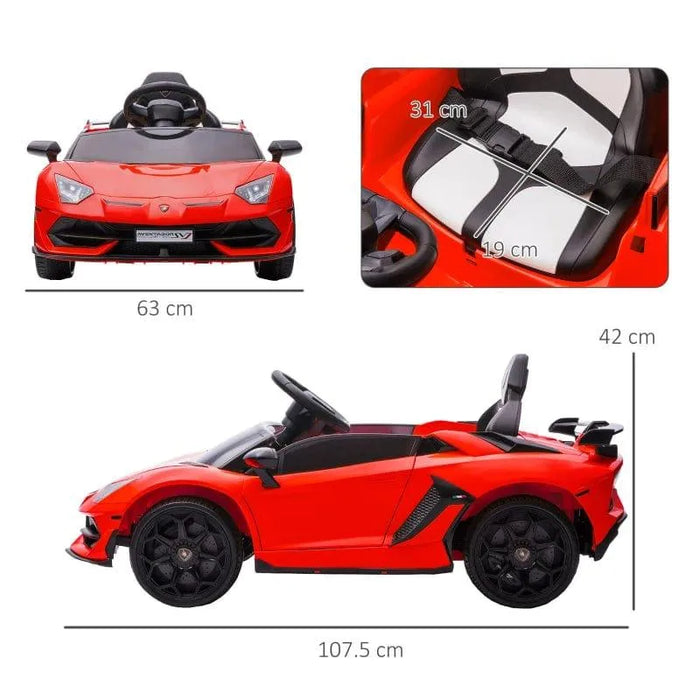 Red 12V kids Lamborghini Aventador ride-on car with butterfly doors, shown with dimensions.