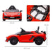 Red 12V kids Lamborghini Aventador ride-on car with butterfly doors, shown with dimensions.