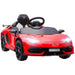 Red 12V Lamborghini Aventador kids ride-on car with headlights on and butterfly doors