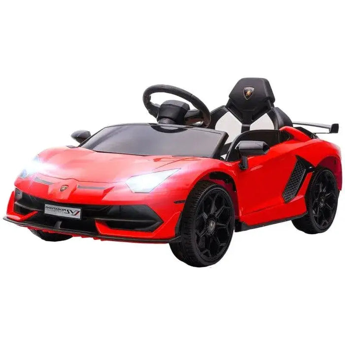 Red 12V Lamborghini Aventador kids ride-on car with black wheels and butterfly doors