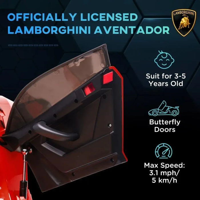 Red 12V Lamborghini Aventador kids ride-on car with butterfly door open, for ages 3-5.