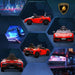 Red 12V Lamborghini Aventador kids ride-on car with butterfly doors, front and rear views, Lamborghini logo