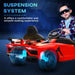 Red Lamborghini Aventador kids ride-on car with suspension system and child in sunglasses