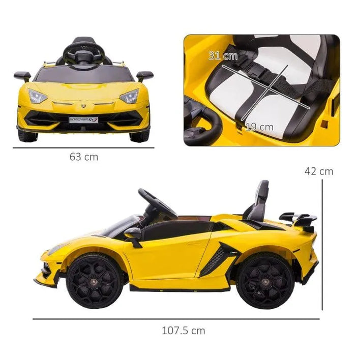 Yellow 12V Lamborghini Aventador kids ride-on car with seat and car dimensions displayed