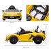 Yellow 12V Lamborghini Aventador kids ride-on car with seat and car dimensions displayed