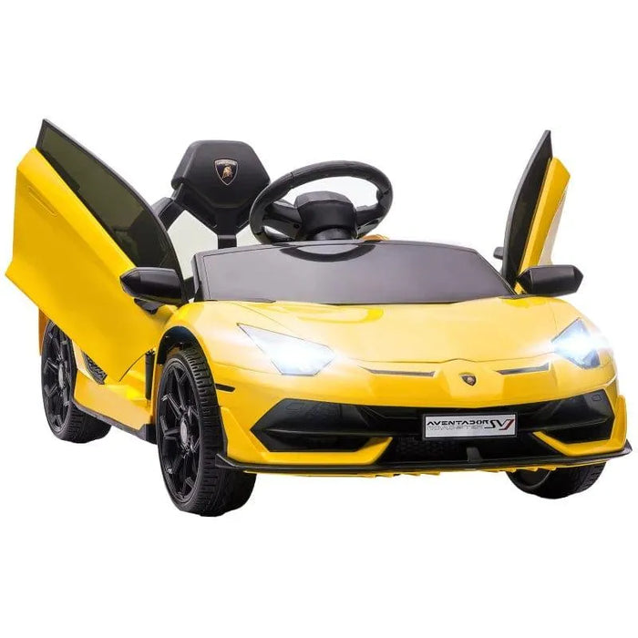 Yellow kids' 12V Lamborghini Aventador ride-on car with open butterfly doors and headlights on