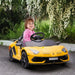 Child in yellow 12V Lamborghini Aventador kids ride on car outdoors with flowering bushes
