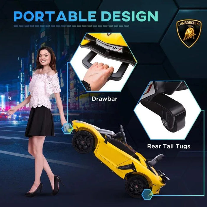 Woman pulls yellow 12V Lamborghini Aventador kids ride-on car with drawbar and rear tail tugs