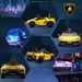 Yellow 12V Lamborghini Aventador kids ride-on car with butterfly doors in multiple views