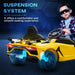 Yellow 12V Lamborghini Aventador kids ride-on car with suspension system, boy in sunglasses