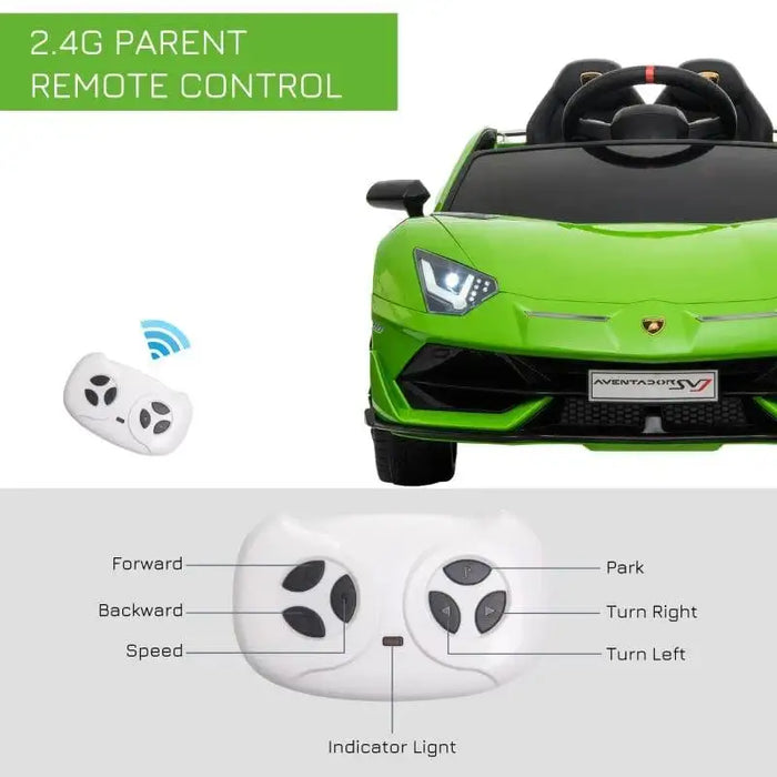 Green 12V Lamborghini Aventador SVJ kids ride-on car with parent remote control