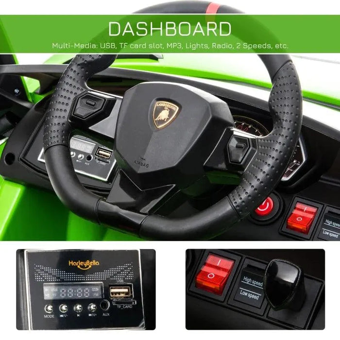 Green 12V Lamborghini Aventador SVJ kids ride-on car dashboard with steering wheel, USB port, switches, and gear lever